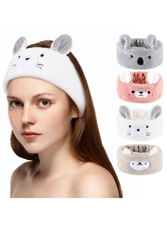Chuangdi 4 Pieces Makeup Spa Headband Animal Headband For Washing Face Coral Fleece Cosmetic Headband Plush Animal Ears Shower Hairband For Women Girls (Adorable Style)  - Image 2