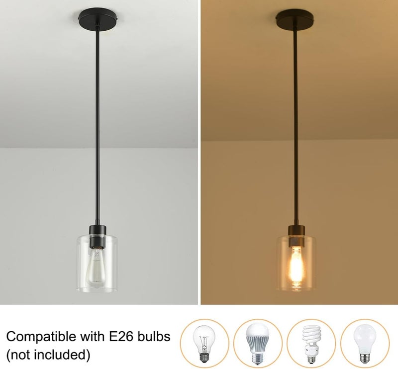 KLSS Black Pendant Lights Kitchen Island,Modern Farmhouse Glass Pendant Light,Light Fixture Kitchen Pendant Mini Hanging Light Fixture for Sink (Black 2 Pack Stem Rod) - Image 5