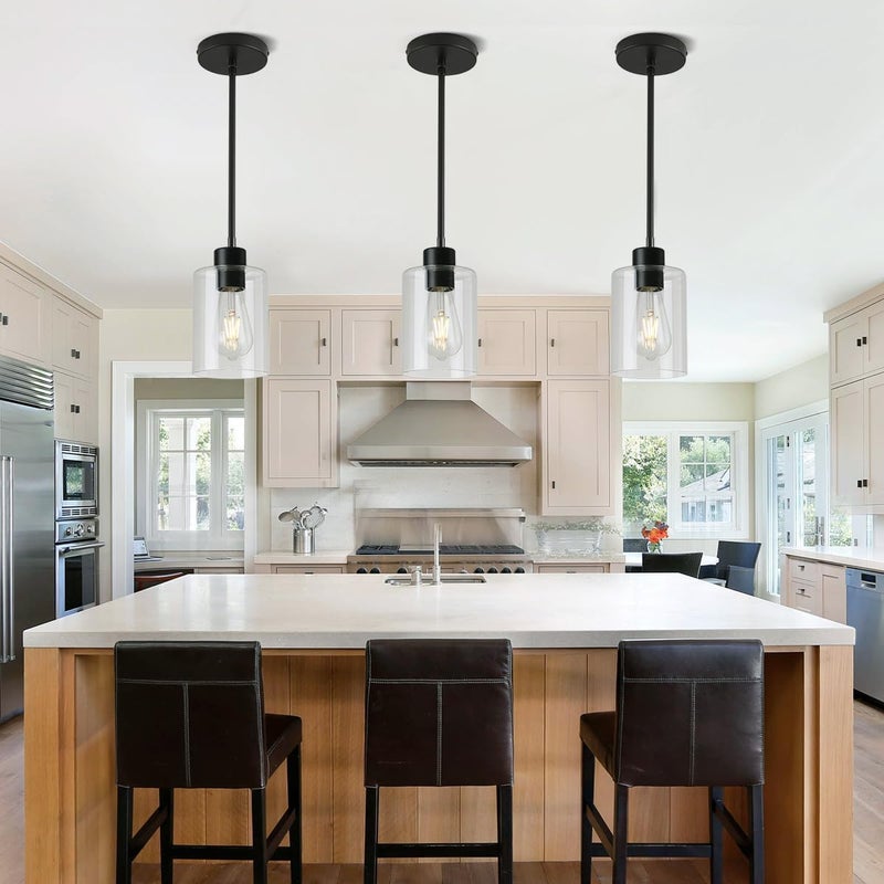 KLSS Black Pendant Lights Kitchen Island,Modern Farmhouse Glass Pendant Light,Light Fixture Kitchen Pendant Mini Hanging Light Fixture for Sink (Black 2 Pack Stem Rod) - Image 1
