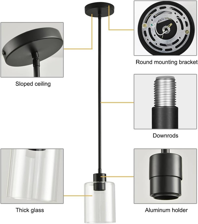 KLSS Black Pendant Lights Kitchen Island,Modern Farmhouse Glass Pendant Light,Light Fixture Kitchen Pendant Mini Hanging Light Fixture for Sink (Black 2 Pack Stem Rod) - Image 4