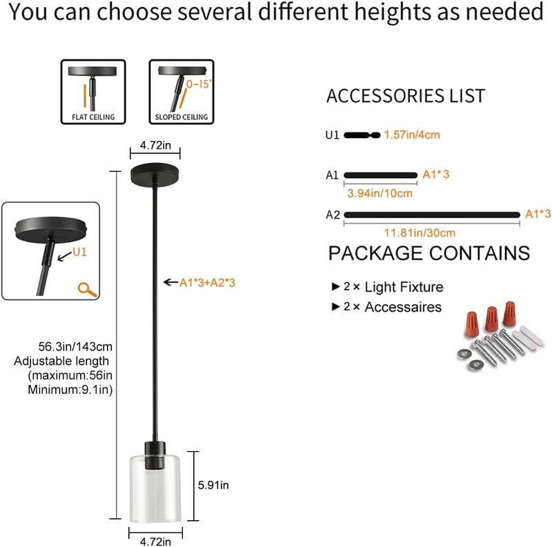 KLSS Black Pendant Lights Kitchen Island,Modern Farmhouse Glass Pendant Light,Light Fixture Kitchen Pendant Mini Hanging Light Fixture for Sink (Black 2 Pack Stem Rod) - Image 3