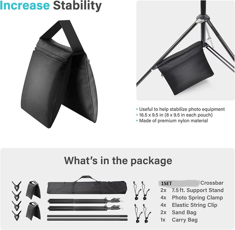 SHOPEE 8.5 ft. Wide Crossbar Length Adjustable Backdrop Stand, 9 ft. Tall Height Photo Background Support System with Clamps, Elastic String Clip - Image 4