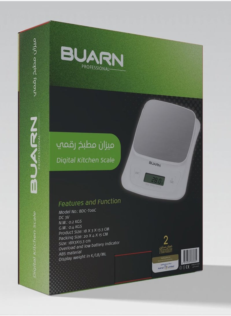 BUARN PROFESSIONAL Digital Kitchen Scale with Stainless Steel Design, Multiple Weight Units, Overload and Low Battery Indicators, Compact and Lightweight – Model BDC-T06C  - Image 4