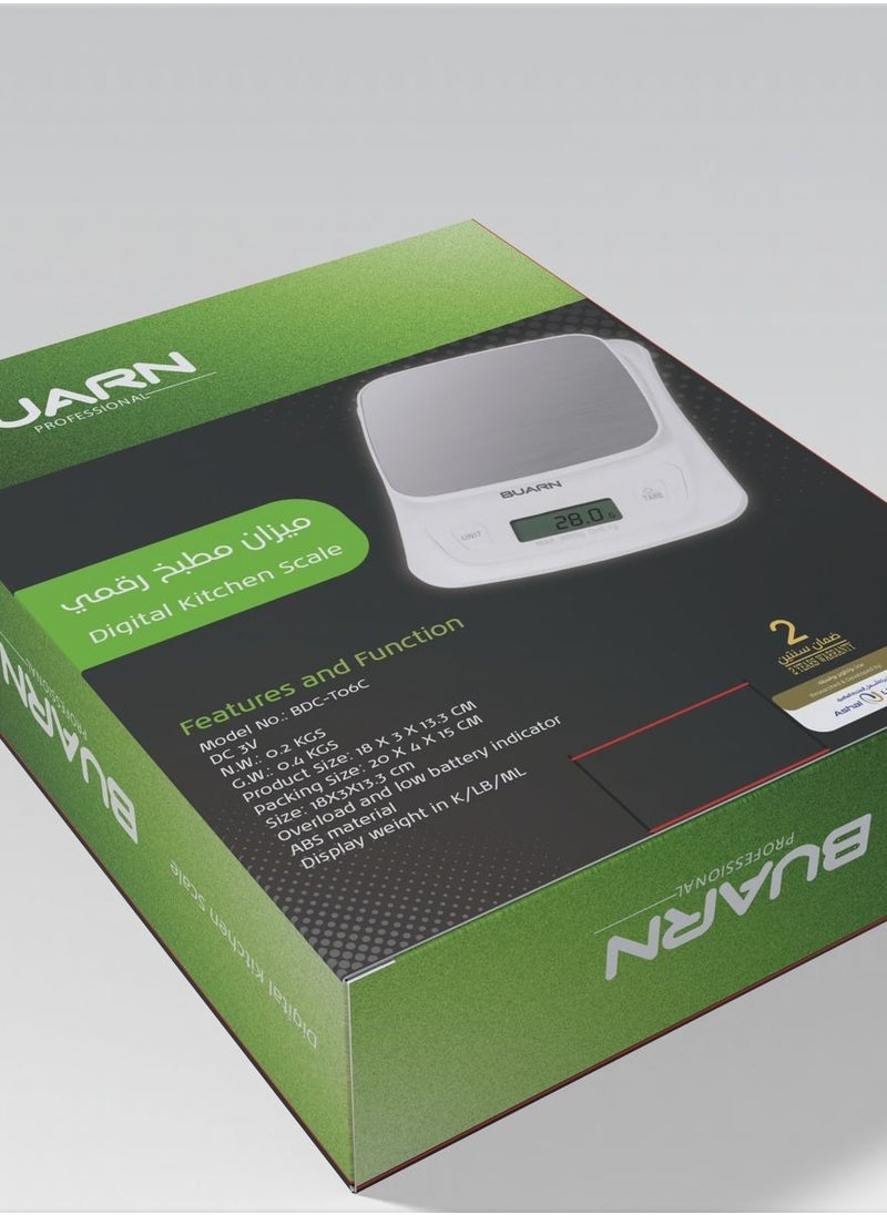 BUARN PROFESSIONAL Digital Kitchen Scale with Stainless Steel Design, Multiple Weight Units, Overload and Low Battery Indicators, Compact and Lightweight – Model BDC-T06C  - Image 3