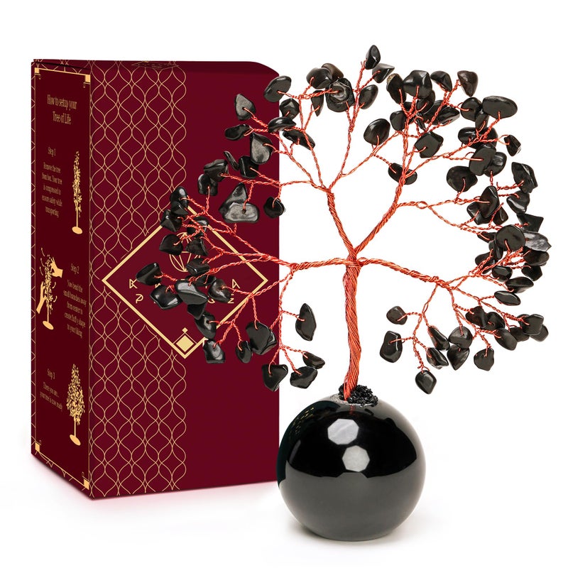 Crystal Tree of Life Birthday Gifts for Women Mom Black Obsidian Healing Crystals Tree for 7 Chakra Balance Reiki Healing Positive Energy Good Luck Money Meditation Home and Office Desk Decor