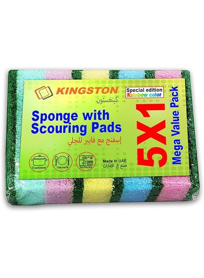 Kingston Multi Colour Sponge with Scouring Pad Pack of 5 pieces - Image 1
