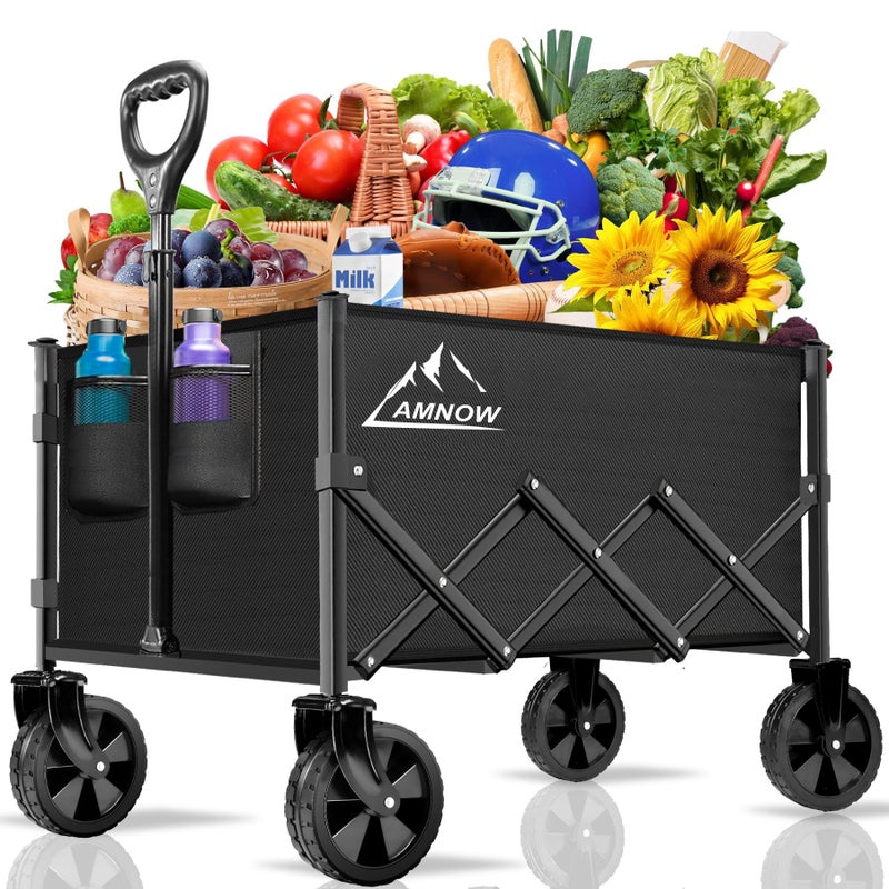 AMNOW Collapsible Folding Wagon Cart, 350LBS Utility Large Capacity Cart Foldable Wagon with All Terrain Wheels, Grocery Wagons Carts for Garden Shopping Sports Camping, Black - Image 1