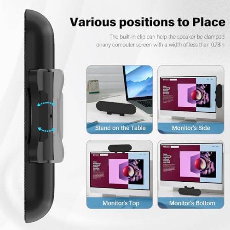 مكبر صوت USB قابل للتثبيت بقوة 10 واط عالية - مكبر صوت USB ساوند بلاستر لسطح المكتب ستيريو أسود - صوت عالي مكبر صوت محمول يُثبت على شاشة الكمبيوتر مع تحكم في مستوى الصوت لشاشة الكمبيوتر - Image 3