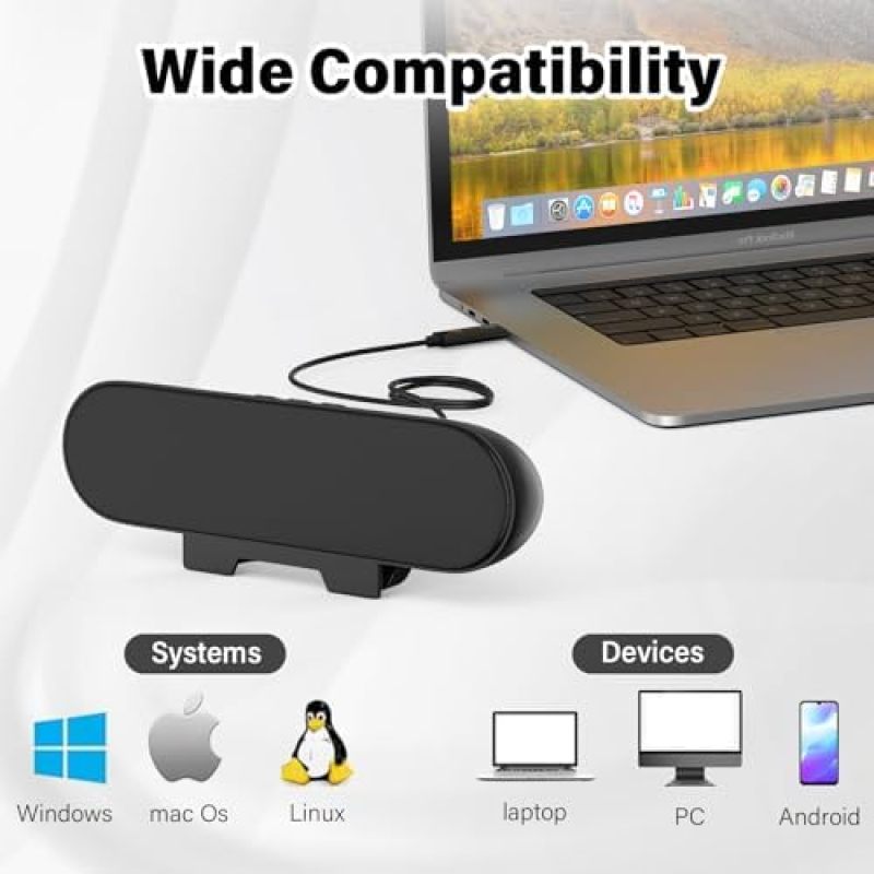 مكبر صوت USB قابل للتثبيت بقوة 10 واط عالية - مكبر صوت USB ساوند بلاستر لسطح المكتب ستيريو أسود - صوت عالي مكبر صوت محمول يُثبت على شاشة الكمبيوتر مع تحكم في مستوى الصوت لشاشة الكمبيوتر - Image 5