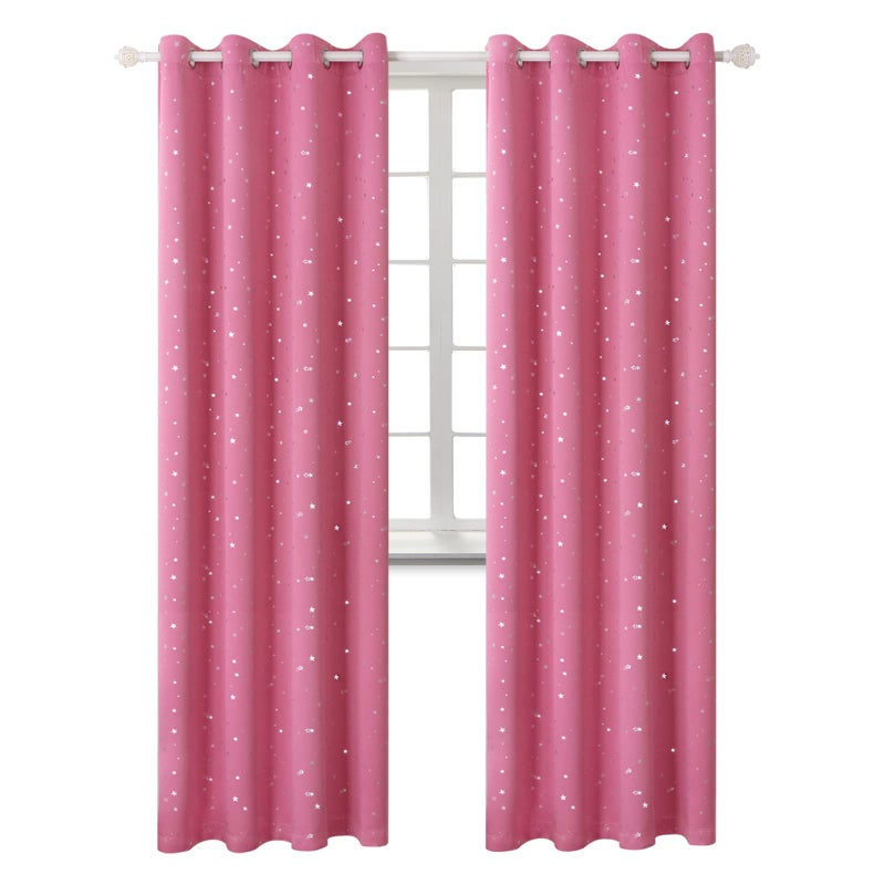 BGment Kids Blackout Curtains for Bedroom - Grommet Thermal Insulated Silver Star Print Room Darkening Curtains for Living Room  Set of 2 Panels (46 x 90 Inch  Pink) - Image 1