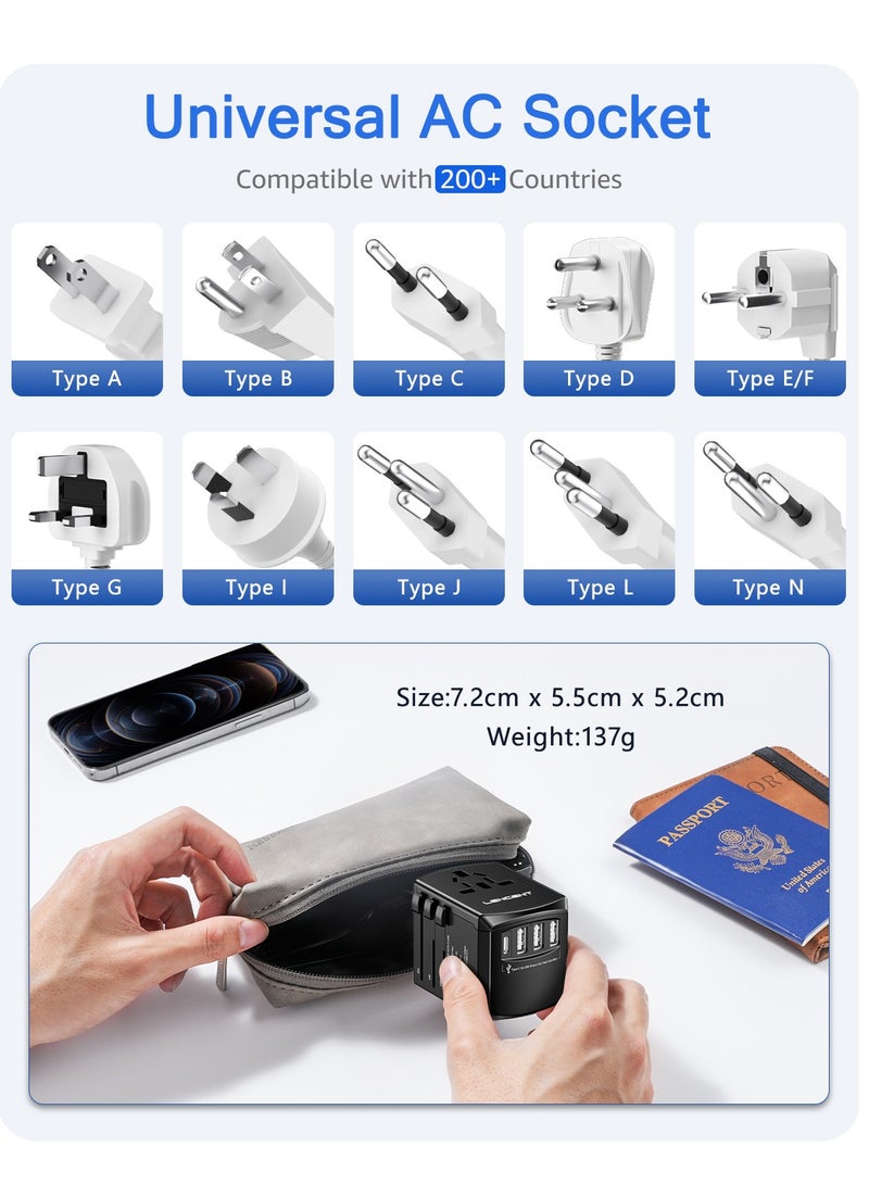 Lencent Universal Travel Adapter,International Charger with 3 USB Ports and Type-C PD Fast Charging Adaptor for iPhone,Samsung, Tablet,Gopro for Over 200 Countries Type A/C/G/ I (USA,UK,EU AUS) - Image 2