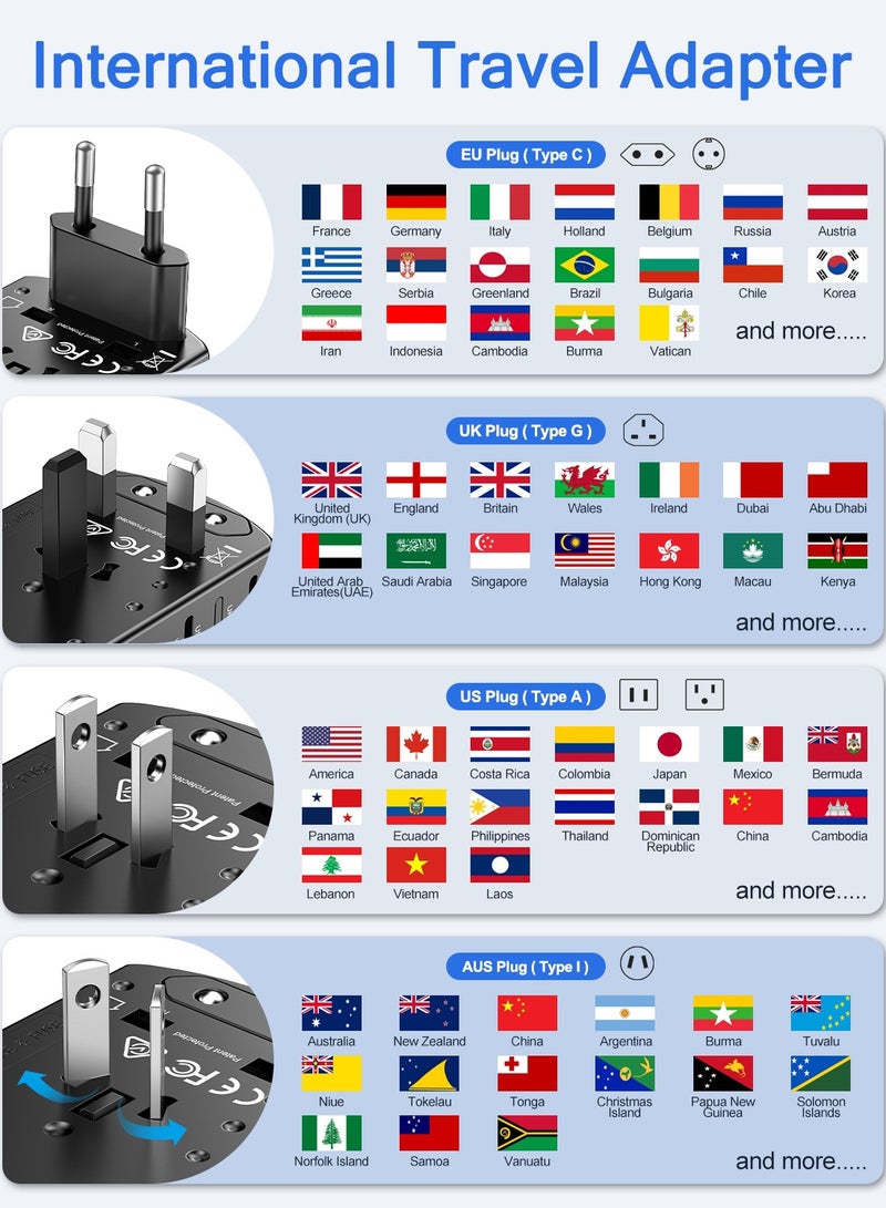 Lencent Universal Travel Adapter,International Charger with 3 USB Ports and Type-C PD Fast Charging Adaptor for iPhone,Samsung, Tablet,Gopro for Over 200 Countries Type A/C/G/ I (USA,UK,EU AUS) - Image 3