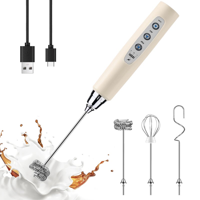 YUSWKO Beige Handheld Milk Frother Wand for Coffee Rechargeable Electric Whisk with 3 Heads 3 Speeds Drink Mixer Coffee Frother For Latte Cappuccino Hot Chocolate Egg
