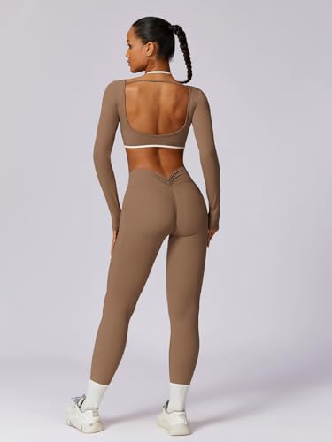 ABOCIW Workout Sets for Women Halter Long Sleeve Crop Top Open Back Yoga Shirts V Nack Scrunch Butt High Waist Leggings with Pocket Brown Medium - Image 3