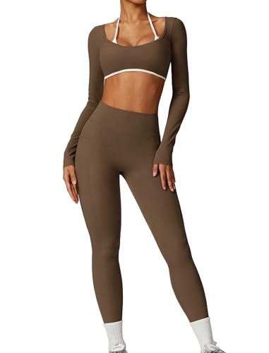 ABOCIW Workout Sets for Women Halter Long Sleeve Crop Top Open Back Yoga Shirts V Nack Scrunch Butt High Waist Leggings with Pocket Brown Medium - Image 1