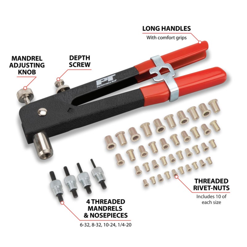 Performance Tool W2006 SAE Rivet Nut Kit Set, Riveter Tool, Rivet Nut Gun, Thread Hand Riveter, Rivet Gun, Riveting Tools with 45pc, Metric Rivet Nuts Included -/32, 8-32, 10-24, 1/4-20 - Image 2