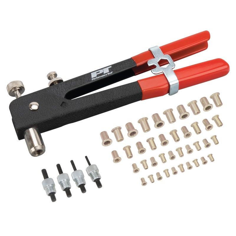 Performance Tool W2006 SAE Rivet Nut Kit Set, Riveter Tool, Rivet Nut Gun, Thread Hand Riveter, Rivet Gun, Riveting Tools with 45pc, Metric Rivet Nuts Included -/32, 8-32, 10-24, 1/4-20 - Image 1