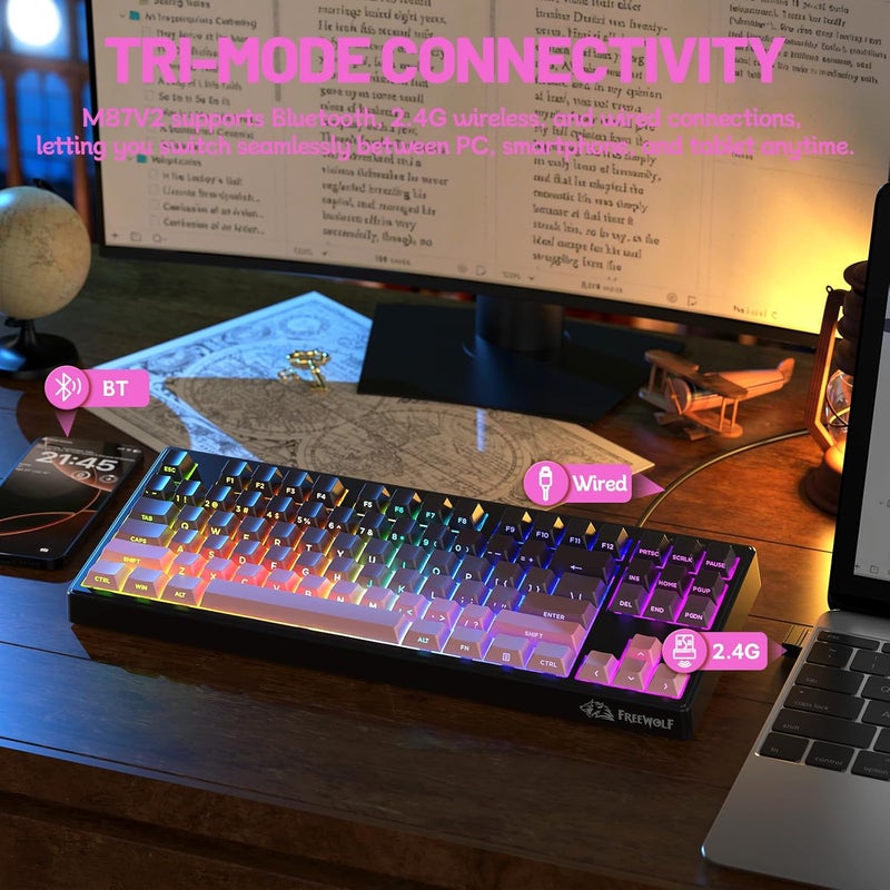 Free wolf FREEWOLF M87V2 Wireless Gaming Keyboard, Tri-Mode BT/2.4G/Wired, Quiet & Gentle, 4000mAh, Side Print Keycaps, QWERTY US, Anti-Ghosting, 16M RGB, for Mac/Win - Image 3