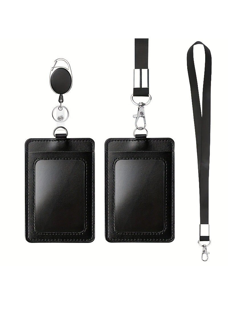 Generic 2-Pack ID Card Holder With Detachable Neck Lanyard Strap And Retractable Badge Reel Clip Keychain Leather ID Badge Holder Set For Work School And Metro Card,Black.  - Image 1