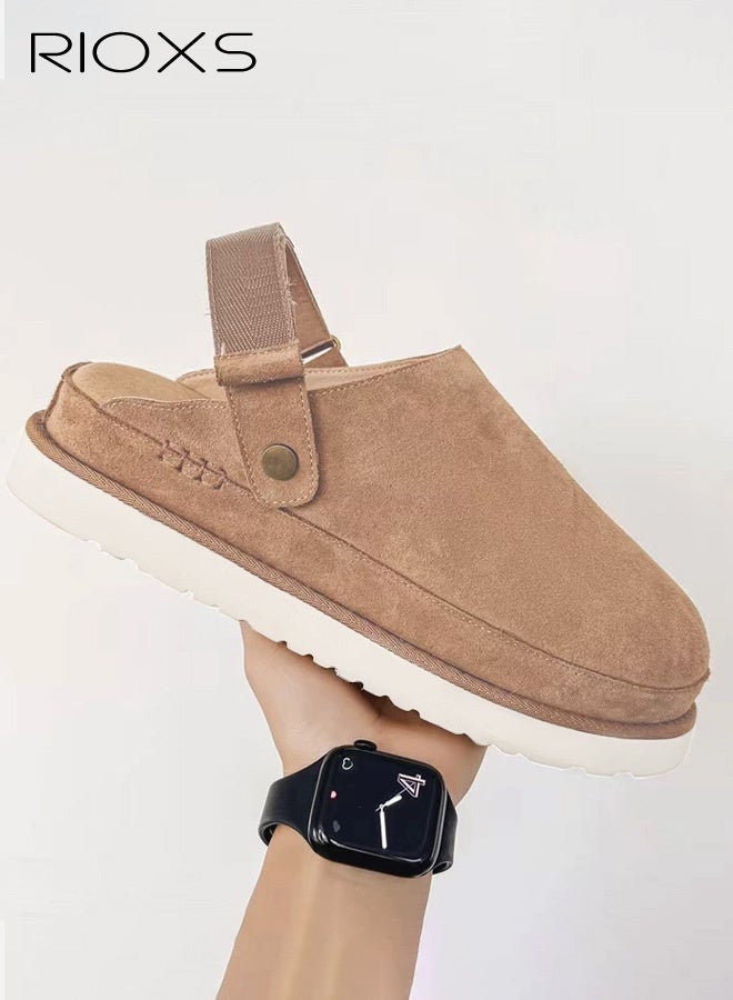 RIOXS Women's Platform Mules Clogs with Adjustable Back Strap, Lightweight Soft Thick Soled Suede Clog Slippers for Ladies, Spring Fall Platform Mules, Trendy Non-Slip Close Toe Slides Shoes for Gardening, Walking the Dog, Running Errands, or Relaxing at Home, Dark Brown - Image 1