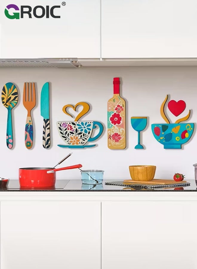 GROIC Wall Art Decor, Modern Minimalism Kitchen Home Wall Decor, Dinner Table Food Wall Decor,Wooden Kitchen Decoration, Natural wood Handcrafted Warm Charm for Your Home, 8 Pcs Colorful Wooden Wall Art - Image 4