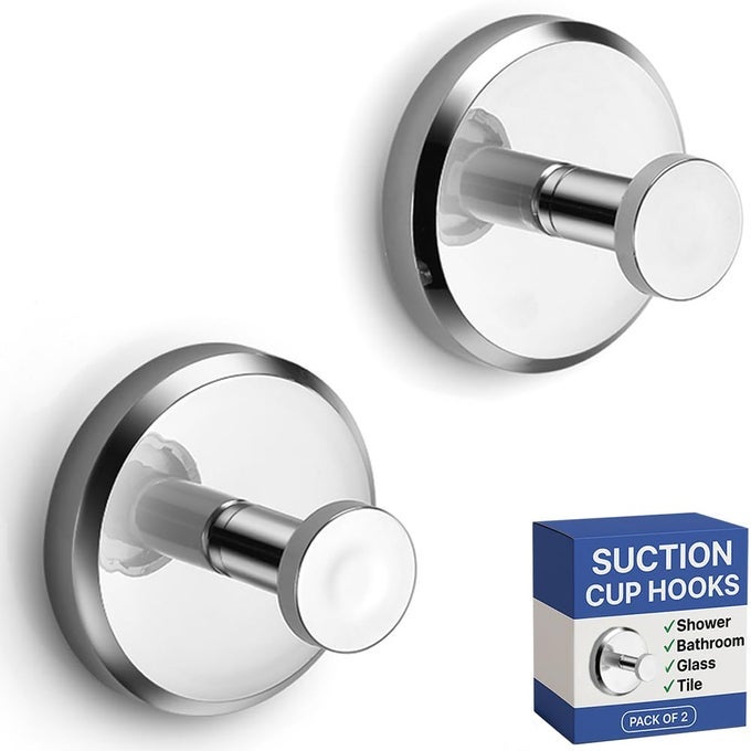 SUCTION CUP HOOKS FOR SHOWER BATHROOM KITCHEN GLASS DOOR MIRROR TILE LOOFAH TOWEL COAT BATH ROBE HOOK HOLDER FOR HANGING UP TO 15 LBS WATERPROOF RUSTPROOF CHROME 2PACK