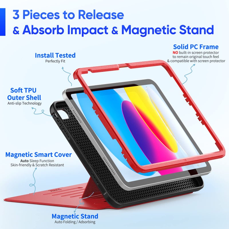 SEYMAC stock Case for iPad (A16) 11th/10th Generation 11''/10.9'', Strong Magnetic Auto Sleep Shockproof Case with Absorbing Multi-Angles Stand, Pen Holder, Card Slot (Red) - Image 5