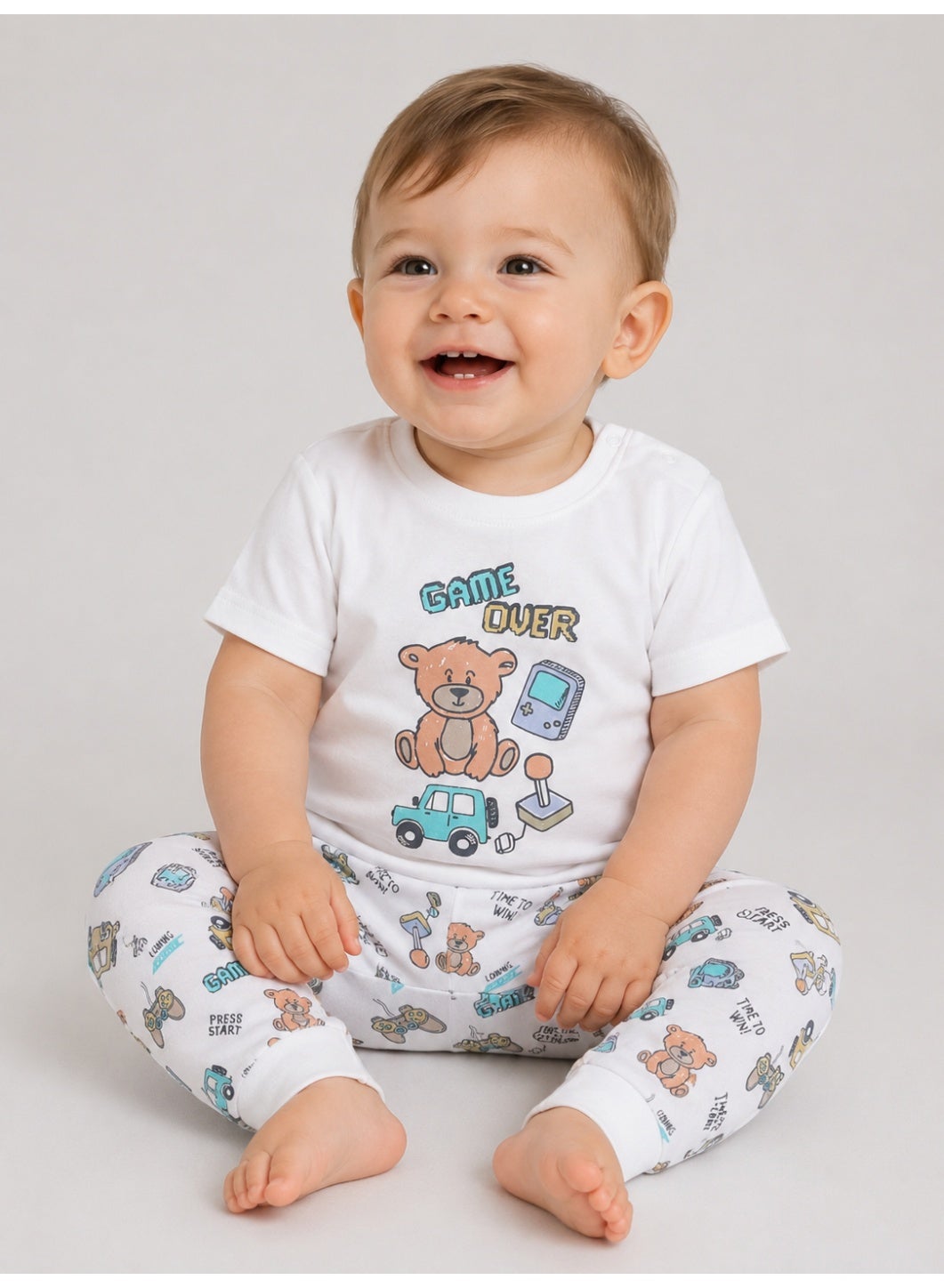 victor and jane Infant Boys Teddy Bear Print Cotton Pajama Set – T-Shirt & Pajama Pants Nightwear
