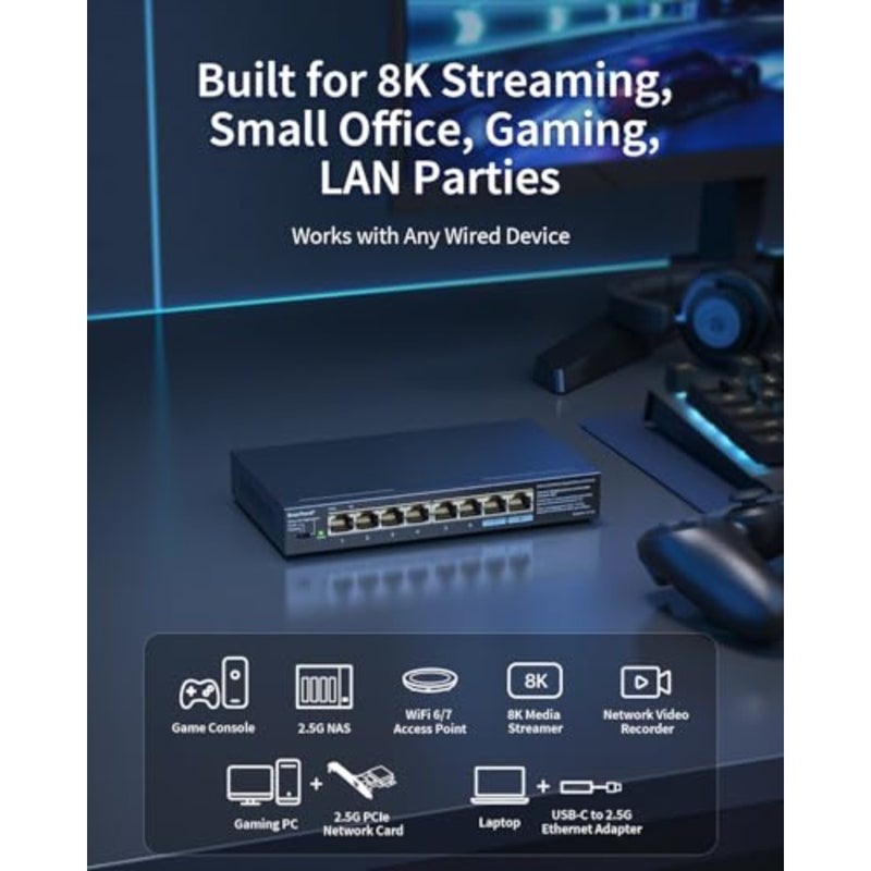 Gaming/NAS/PC use: 2.5Gb unmanaged Ethernet switch, metal housing, black, fanless design with static link aggregation, VLAN support, desktop/wall-mount, lifetime protection - Image 3