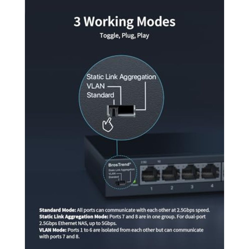 Gaming/NAS/PC use: 2.5Gb unmanaged Ethernet switch, metal housing, black, fanless design with static link aggregation, VLAN support, desktop/wall-mount, lifetime protection - Image 4