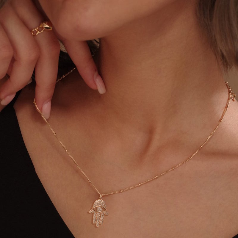 MEVECCO Dainty Hamsa Necklace for Women, 18K Gold Plated CZ Hand of Fatima Pendant Necklace CZ Protection Boho Evil Eye Minimalist Necklace Jewelry - Image 3