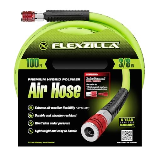 Flexzilla Air Hose with ColorConnex Industrial Type D Coupler and Plug 38 in x 100 ft Heavy Duty Lightweight Hybrid ZillaGreen HFZ38100YW2D - Image 3