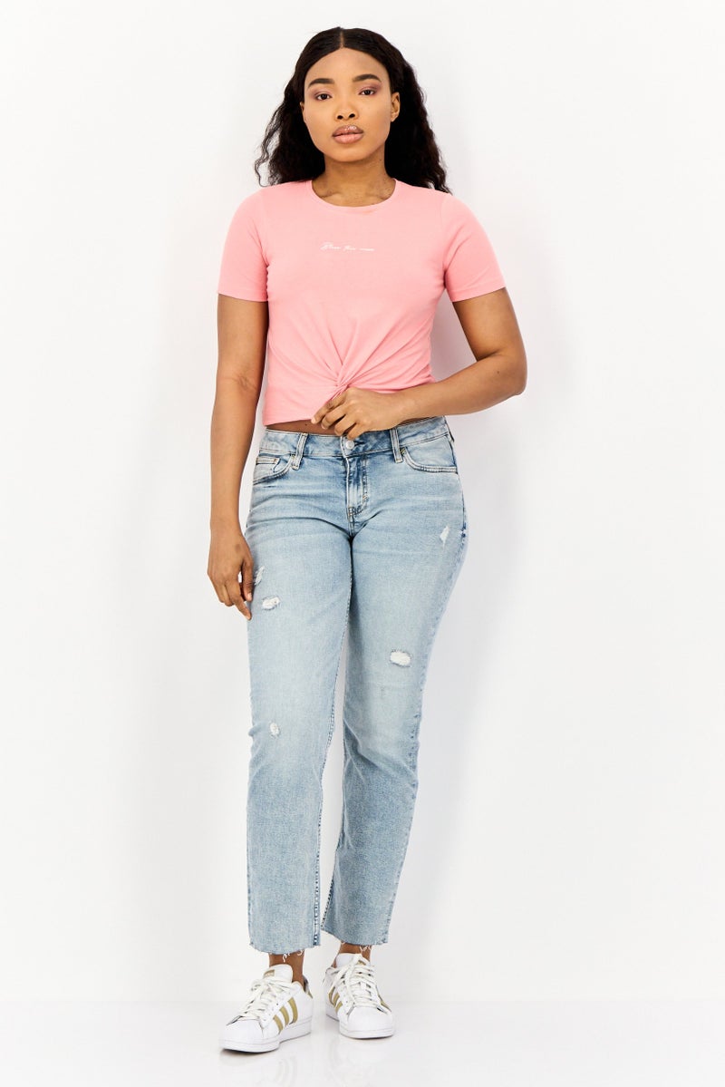 ONLY بلوزة نسائية بأكمام قصيرة وياقة دائرية بطبعة جرافيك، وردي - Image 4