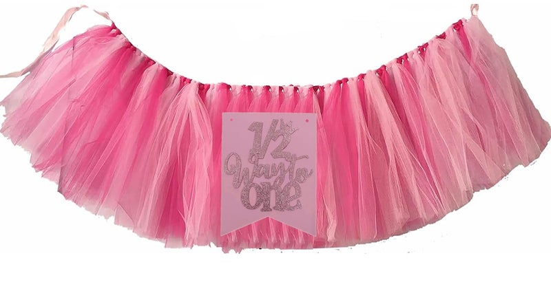 Alemon 2 Pack12 Way to One Pennant for Highchair Birthday Tutu Skirt Tulle for High Chair Decoration Tulle Chair Skirt Happy 12 Birthday Girl Baby 6 Months Birthday Decorations Pink 