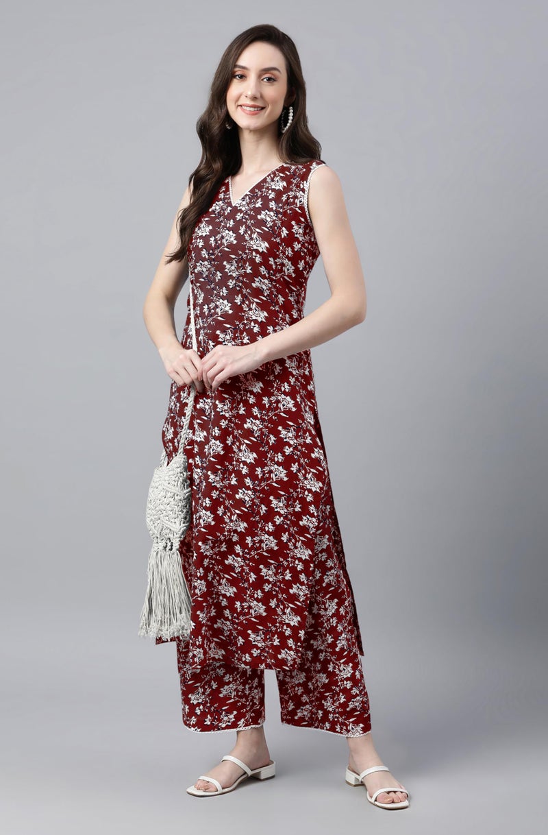 Janasya Women's Maroon Pure Cotton Floral Printed A-Line Co-Ord Set (JAC24KB01421-XS) - Image 3
