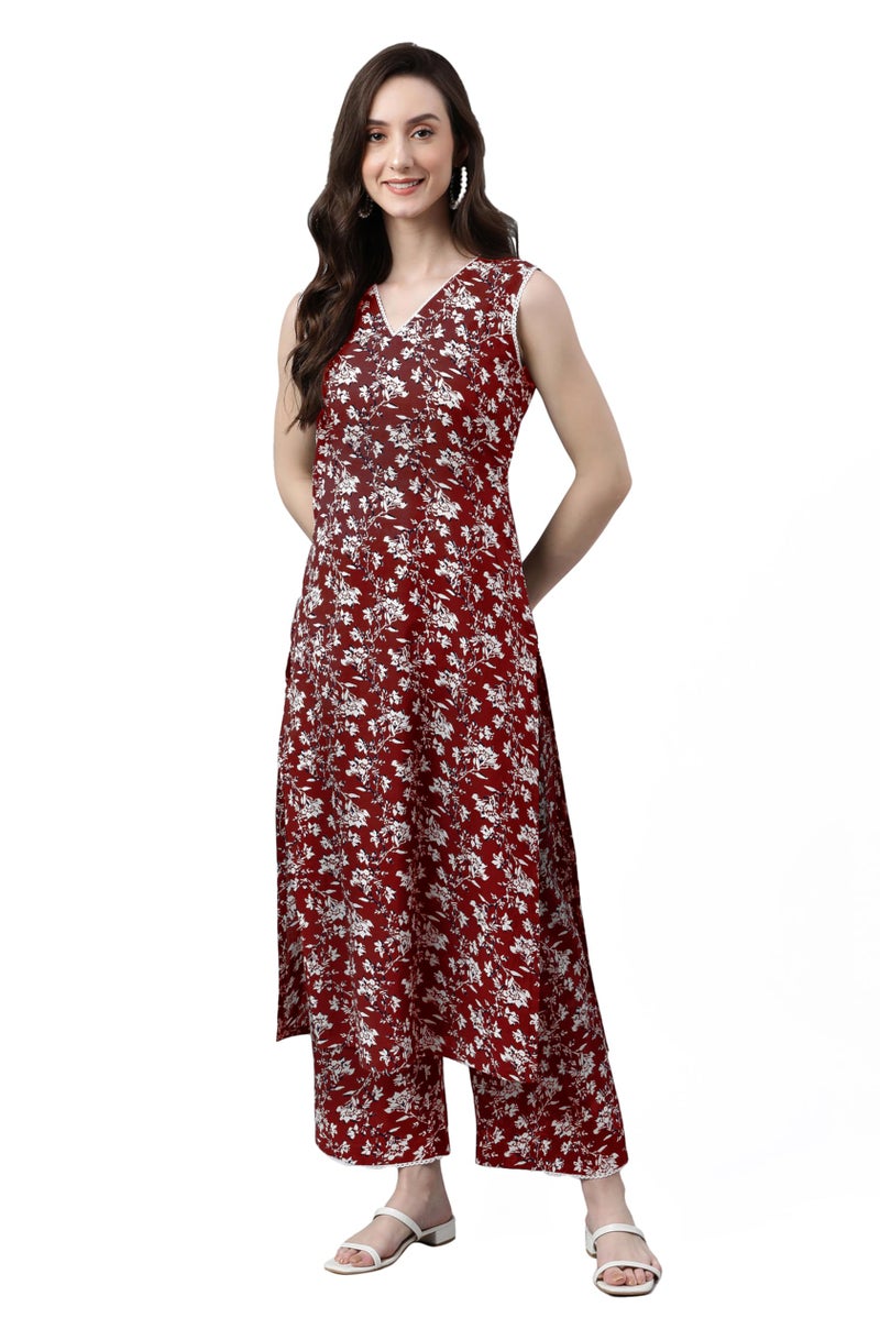 Janasya Women's Maroon Pure Cotton Floral Printed A-Line Co-Ord Set (JAC24KB01421-XS) - Image 1
