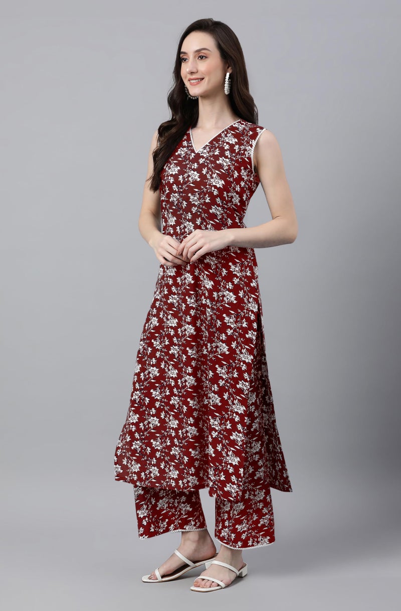 Janasya Women's Maroon Pure Cotton Floral Printed A-Line Co-Ord Set (JAC24KB01421-XS) - Image 4