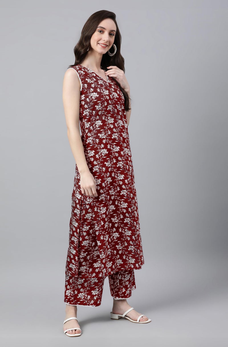 Janasya Women's Maroon Pure Cotton Floral Printed A-Line Co-Ord Set (JAC24KB01421-XS) - Image 5