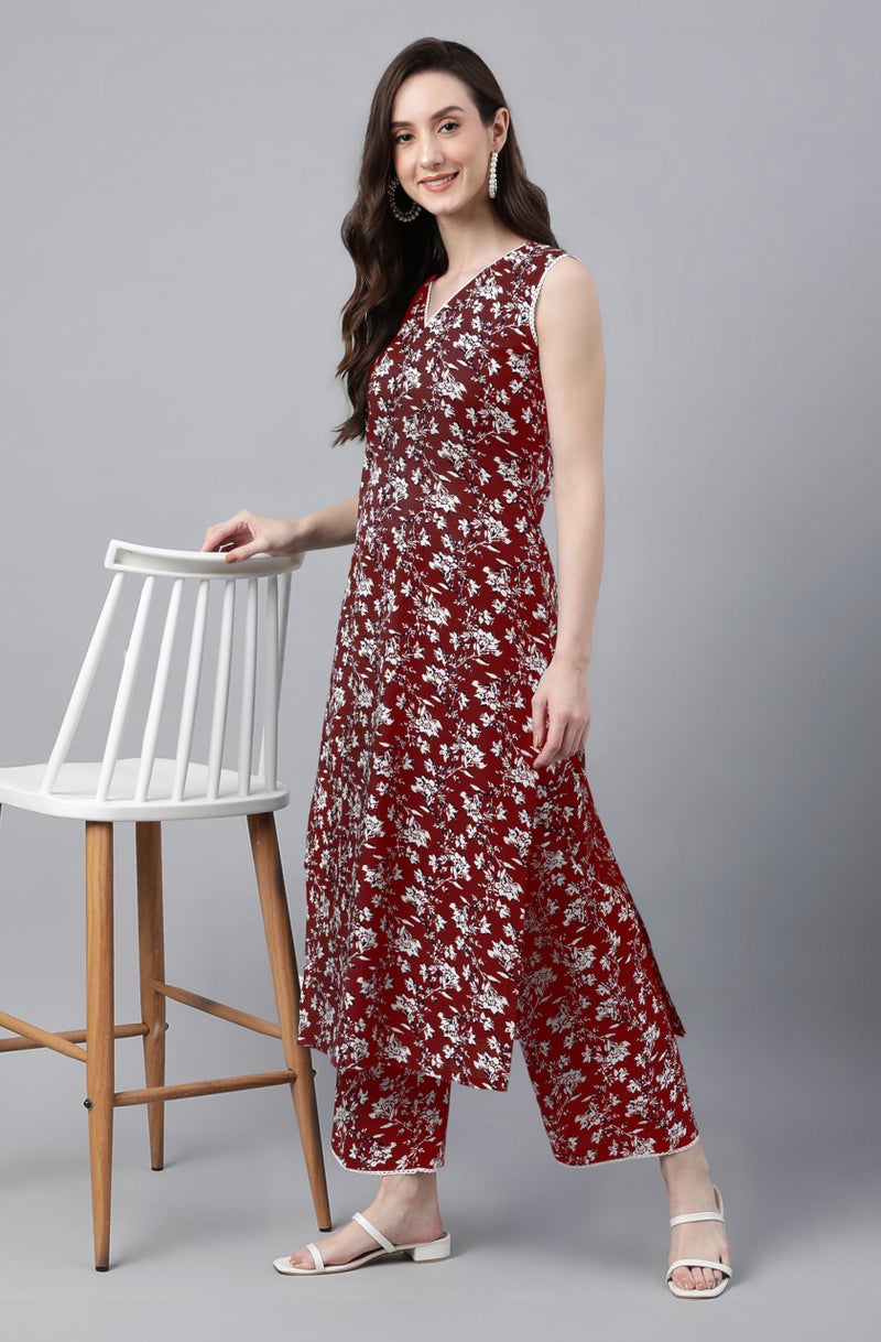 Janasya Women's Maroon Pure Cotton Floral Printed A-Line Co-Ord Set (JAC24KB01421-XS) - Image 2