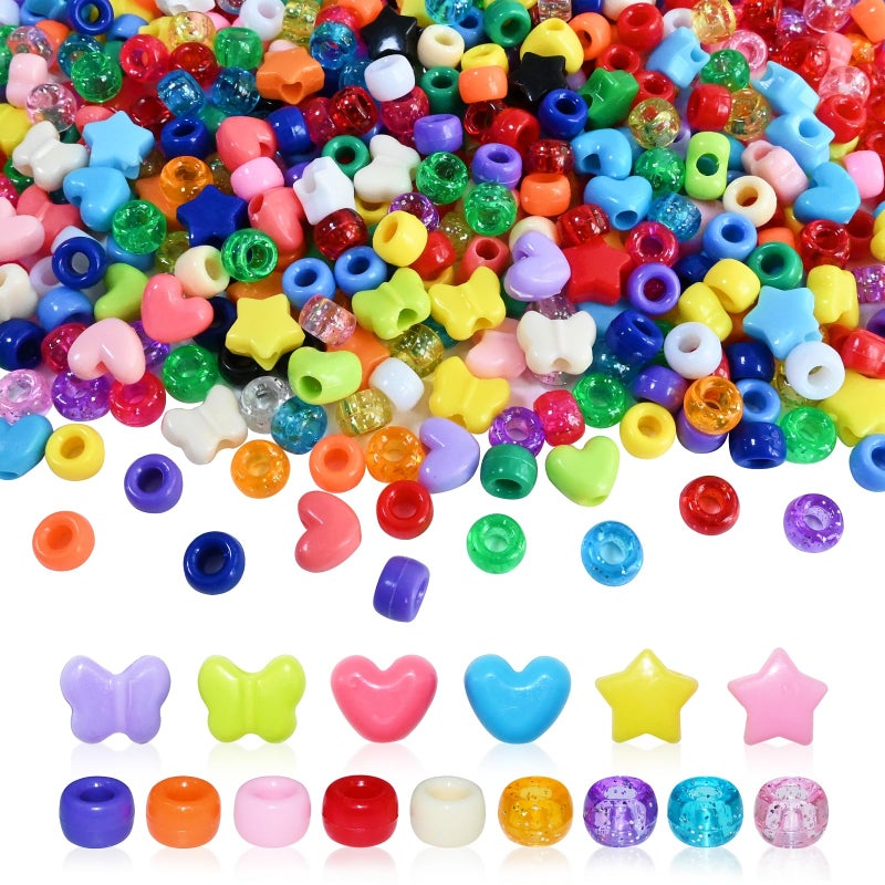 Looconi 700pcs Assorted Acrylic Beads Pony Beads Heart Star Butterfly Beads Large Hole Beads Multi Color for Bracelet Necklace Christmas Valentines Day Craft Jewelry Making