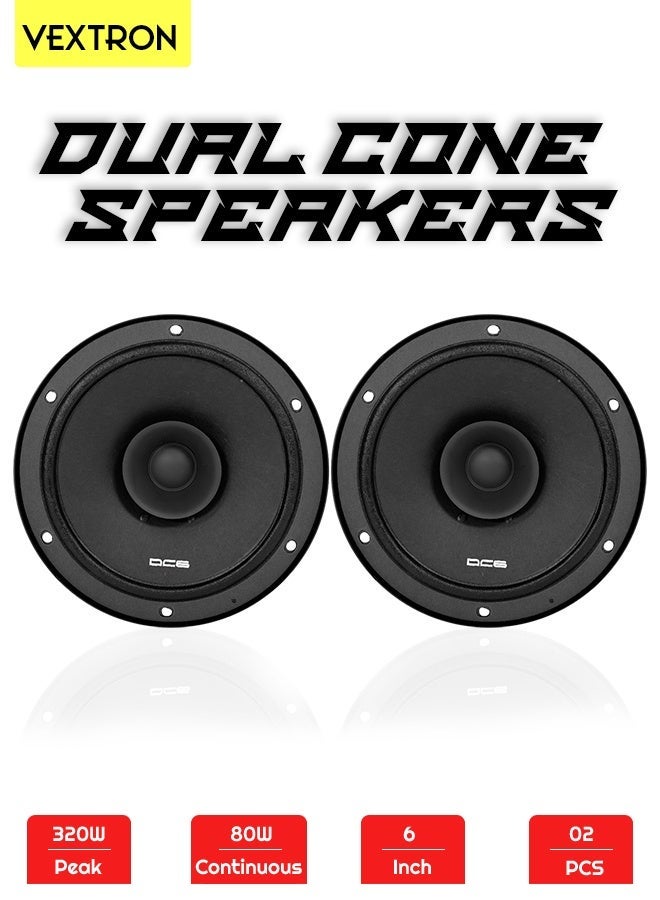 Vextronic VEXTRON 6 Inch Dual Cone Car Speakers Pair, 320W Peak, 80W RMS, 4 Ohm, 90dB Sensitivity, Full Range Car Door Audio Speakers, 50Hz–20kHz Frequency Response, 2 Piece Speaker Set for Car Audio Upgrade - Image 1