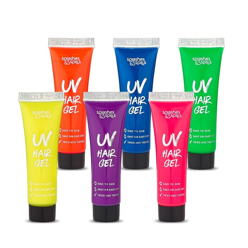 Splashes & Spills UV Neon Hair Gel Set - 6 Bright Non-Toxic Colors with Black Light Glow for Raves, Parties, Clubs, Halloween Costume - Non-Toxic Temporary Wash Out Color - by Splashes and Spills - Image 1