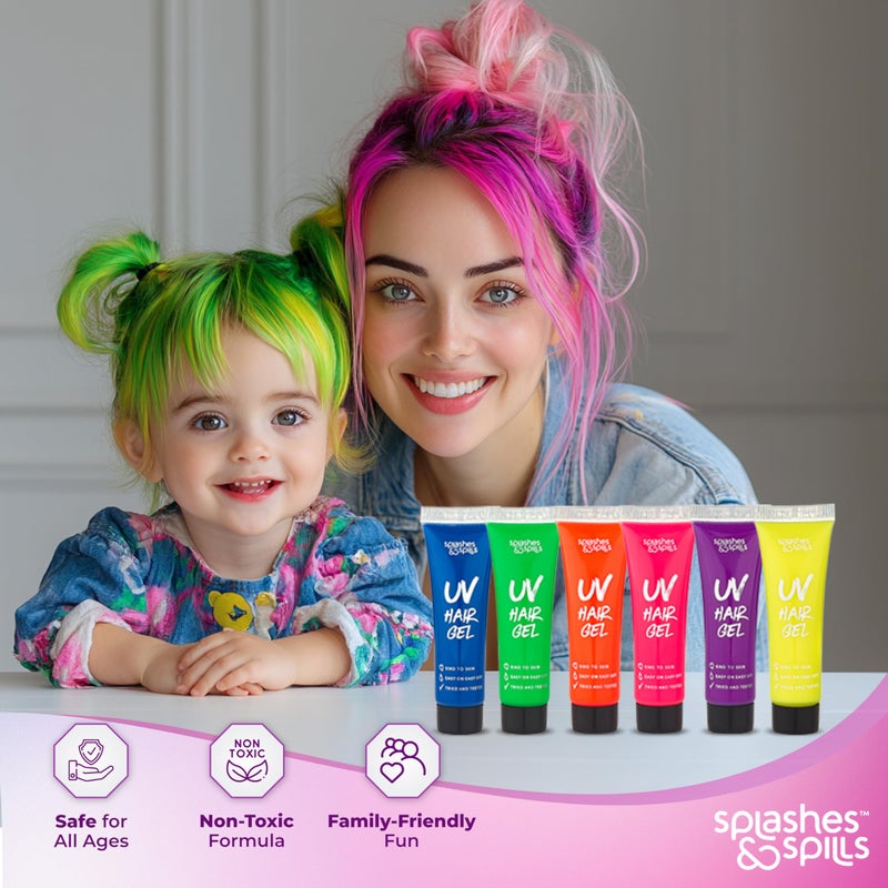 Splashes & Spills UV Neon Hair Gel Set - 6 Bright Non-Toxic Colors with Black Light Glow for Raves, Parties, Clubs, Halloween Costume - Non-Toxic Temporary Wash Out Color - by Splashes and Spills - Image 3