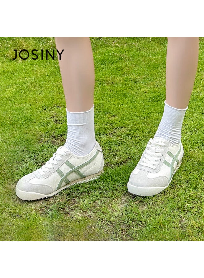 Josiny Genuine Leather Training Shoes, Popular White Sneakers, New Spring Collection, Versatile Women's Sports Shoes, Casual Footwear, Beige Green, Size 38 - Image 1
