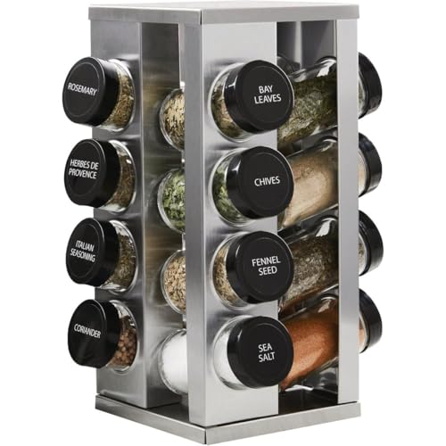 Kamenstein 16 Jar Heritage Revolving Countertop Spice Rack Organizer with Spices Included, FREE Spice Refills for 5 years, Brushed Stainless Steel with Black Caps - Image 1