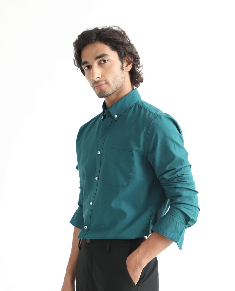 Rare Rabbit Rare Rabbit Men's Auxfo Petrol Cotton Fabric Full Sleeves Solid Shirt