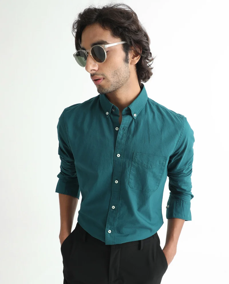 Rare Rabbit Rare Rabbit Men's Auxfo Petrol Cotton Fabric Full Sleeves Solid Shirt