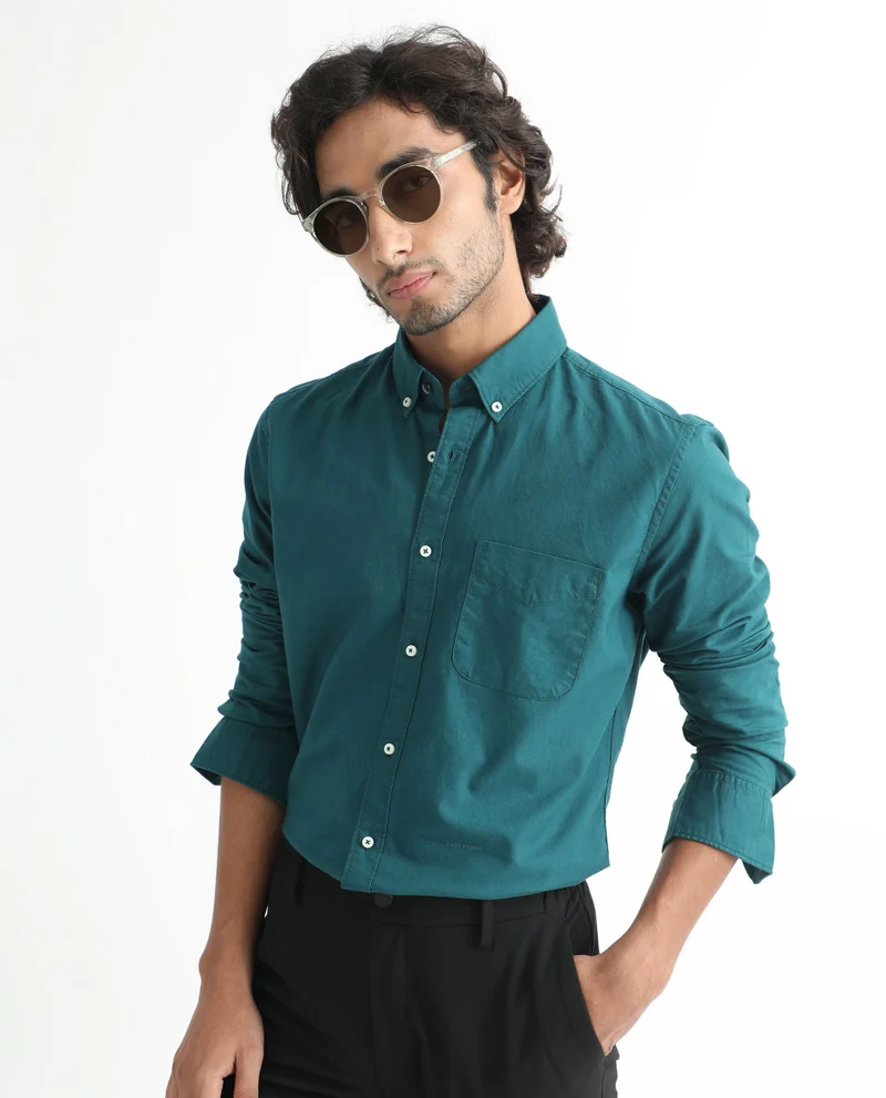 Rare Rabbit Rare Rabbit Men's Auxfo Petrol Cotton Fabric Full Sleeves Solid Shirt