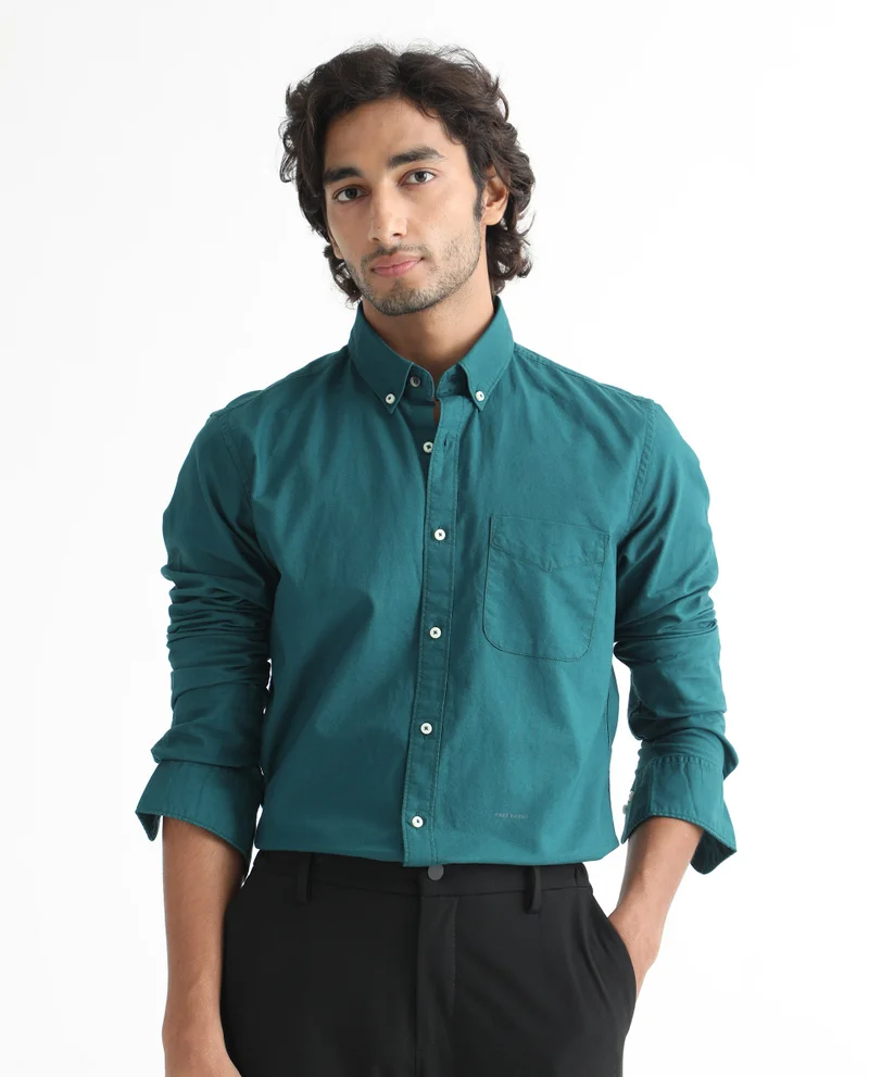 Rare Rabbit Rare Rabbit Men's Auxfo Petrol Cotton Fabric Full Sleeves Solid Shirt
