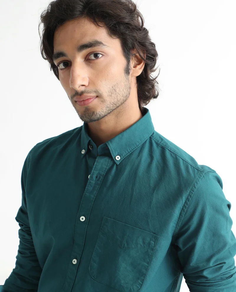 Rare Rabbit Rare Rabbit Men's Auxfo Petrol Cotton Fabric Full Sleeves Solid Shirt